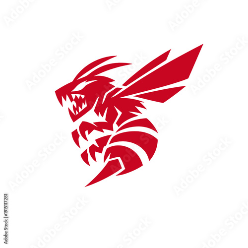 Red wasp or bee silhouette logo in aggressive tribal style. Flying insect emblem with wings and sharp stinger isolated on light background, bold vector mascot design.