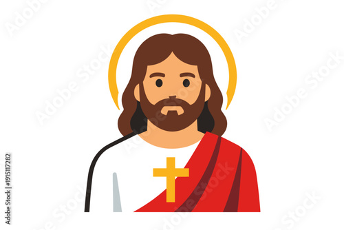 Flat illustration of Jesus Christ with halo and cross symbol. Christian religious icon in modern vector style isolated on light background for church and faith design.