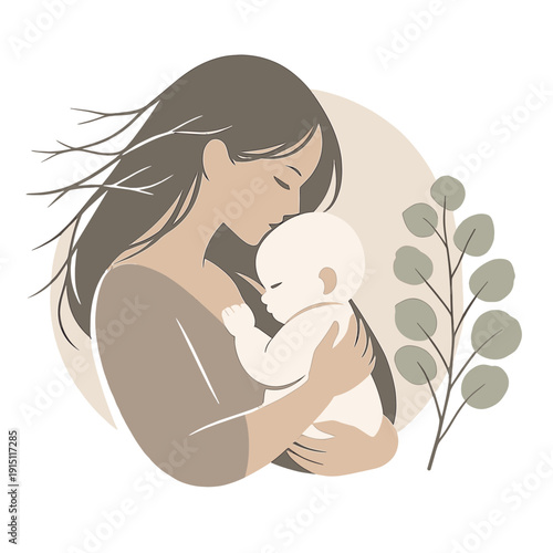 Tender mother holding newborn baby in soft neutral tones. Minimalist vector illustration of maternal love, care and bonding with botanical elements on light background.