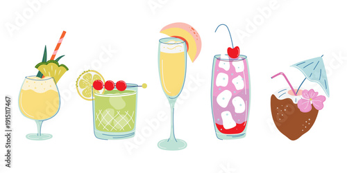 Refreshing cocktail collection for Summer party. Set of sweet tropical mixed alcohol drinks. Drinking glasses decorated with straws, fruits, berries. Cool lemonades.