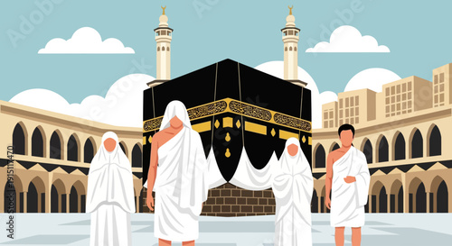 Pilgrims in white robes circumambulate the Kaaba in a grand mosque courtyard with arches and minarets under a cloudy sky