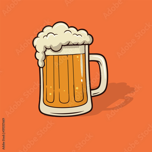 Vector illustration of a cartoon illustration of a beer mug with foam on top on orange background
