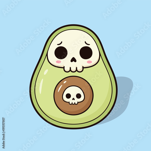 Vector illustration of cartoon avocado with skulls inside and on top in a cute illustration style