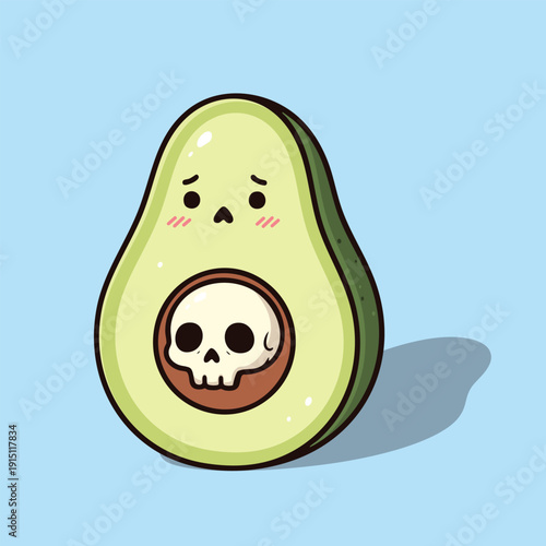 Vector illustration of a cartoon avocado with a skull inside looking angry or surprised on blue background