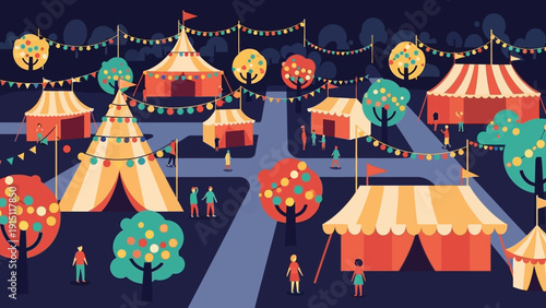 Vibrant Night Fair with Tents and Lights.