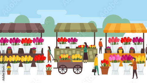 Vibrant outdoor flower market with diverse customers and vendors.