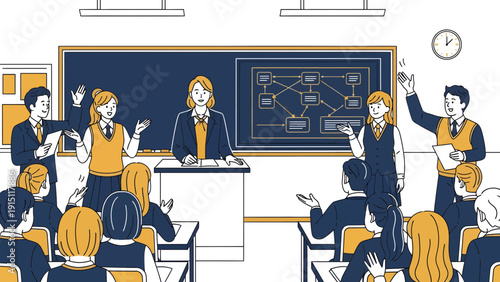 Classroom discussion with teacher and students raising hands.