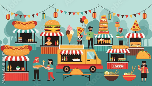 Vibrant outdoor food festival with diverse food stalls and happy people.