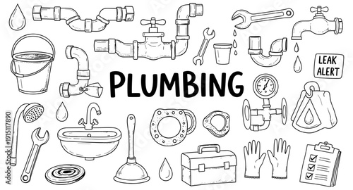Hand-drawn illustration of plumbing tools and equipment with the word plumbing