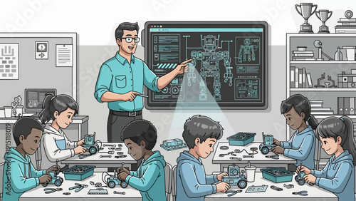 Classroom Robotics Lesson Teacher Guiding Students in Building Robots.