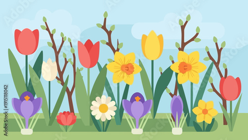 Vibrant Spring Flowers Blooming in a Garden Landscape.