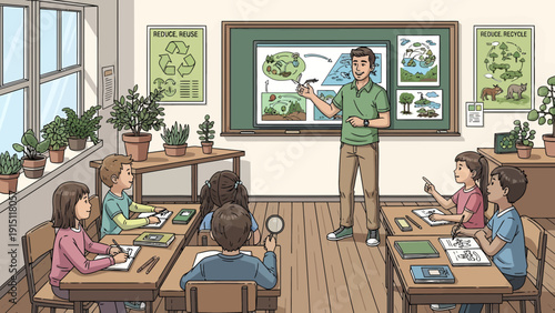 Classroom Scene Teacher Explaining Ecology to Students.