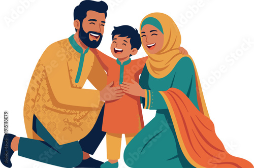Happy Muslim family celebrating Eid al-Fitr with hugs and joy, vector illustration