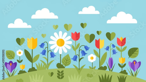 Vibrant spring meadow with a variety of blooming flowers.