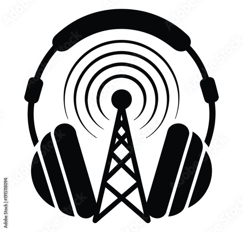 Podcast and radio broadcast black icon. Features headphones, antenna, and radio wave symbols. Created in flat style with black and white palette.