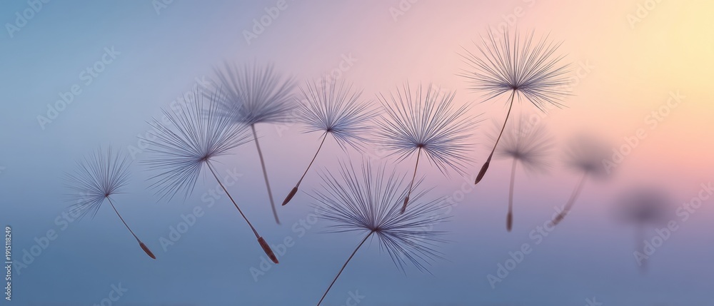 Fototapeta premium Ethereal Dandelion Seeds Floating Gracefully in Soft Pastel Hues of Sunrise or Sunset