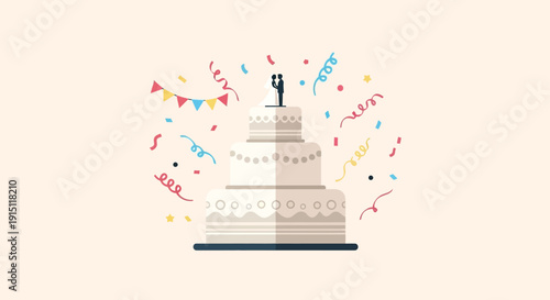 Wedding Cake with Confetti and Bunting Celebration.