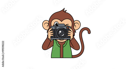 Cute cartoon monkey holding a camera taking a photograph.