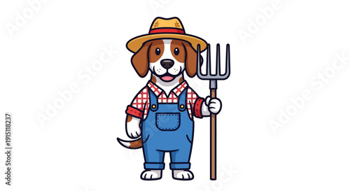 Cute dog dressed as a farmer holding a pitchfork and wearing a hat.