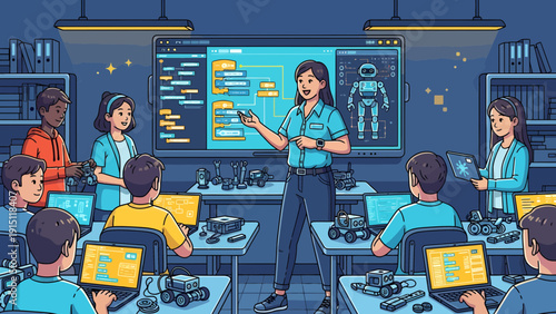 Coding Class Teacher Instructing Students on Robotics Programming.