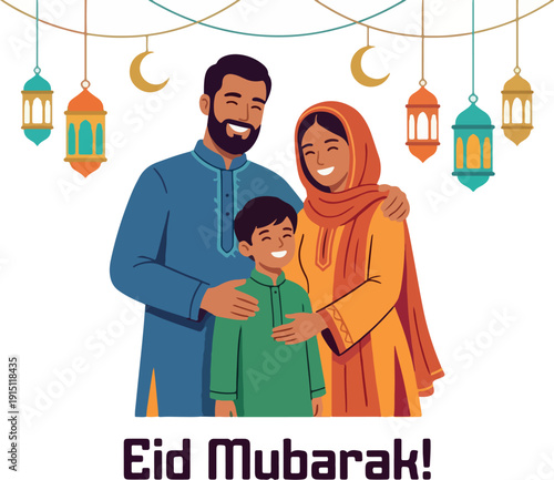 Happy Muslim family celebrating Eid al-Fitr with hugs and joy, vector illustration