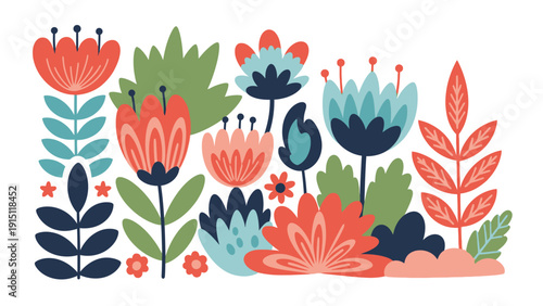 Vibrant Folk Art Floral Arrangement with Stylized Blooms and Leaves.