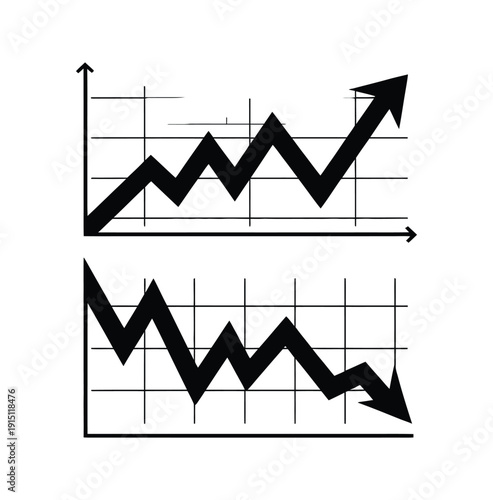 Up and down financial graph vector illustration. Features rising and falling arrow charts with gridlines, representing market trends and economic concepts.