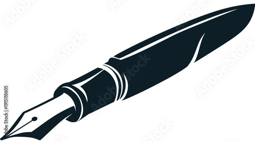 A dark blue pen with a nib, body, and cap, angled against a clean white background