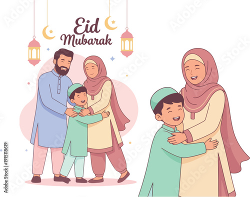 Happy Muslim family celebrating Eid al-Fitr with hugs and joy, vector illustration