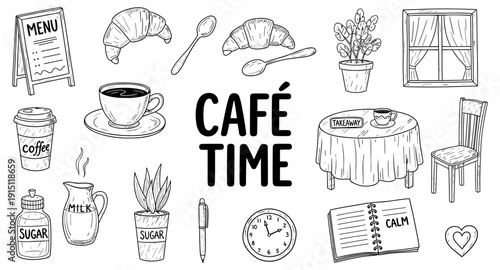 Hand-drawn cafe elements and "Cafe Time" text, perfect for branding and design