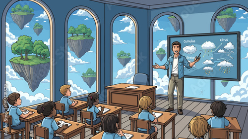 Classroom with Floating Islands Teacher and Students Learning.