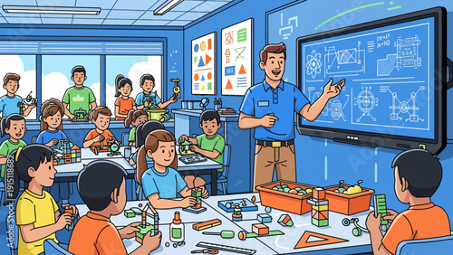 Engaging Classroom Scene Teacher Instructing Students in HandsOn Project.