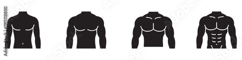 Male torso muscle building progression icon set. Fitness, workout result and bodybuilding concept from skinny to muscular.