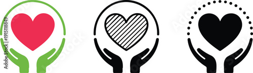 Hands Holding Heart Outline Icon Set Care, Love, and Charity Symbols