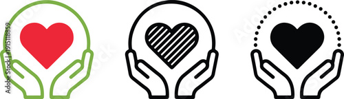 Hands Holding Heart Outline Icon Set Care, Love, and Charity Symbols