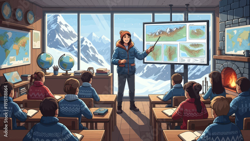 Engaging classroom scene Teacher instructing students with mountain view.