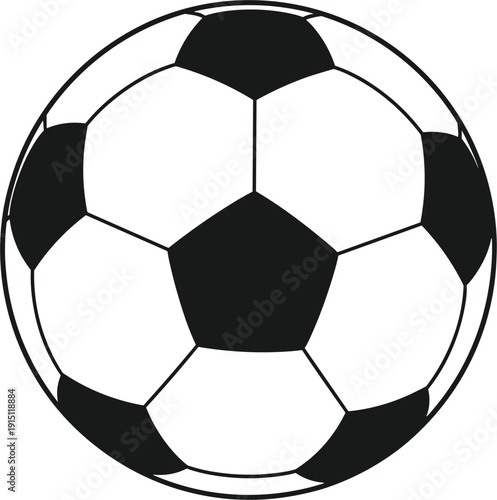 Classic black and white soccer ball vector illustration isolated on white background for sports competition and football tournament branding.