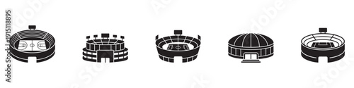Stadium silhouette icons, sports arena vector set, football and soccer venue illustration, architectural design collection, isolated graphic pack. Vector Illustration.
