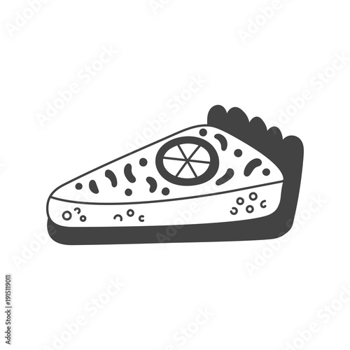 Lemon Tart Slice Illustration. Hand drawn pastry wedge with fruit cream detail and textured surface. Minimal bakery graphic for menus, branding, packaging and festive decor. Vector