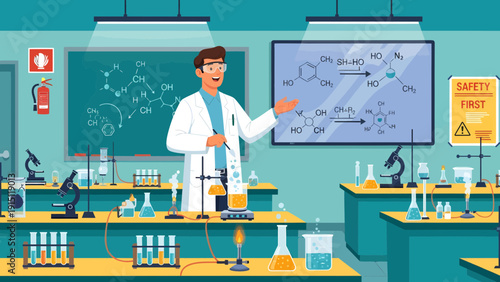 Enthusiastic Chemistry Teacher Explaining Experiment in Classroom with Lab Equipment.