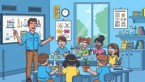 Enthusiastic teacher guides students in a handson science experiment.