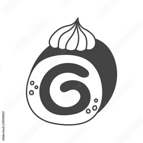 Spiral Swiss Roll Icon. Cute ink dessert swirl with creamy center detail. Minimal black confection vector illustration for bakery branding, cafe, menu and festive event
