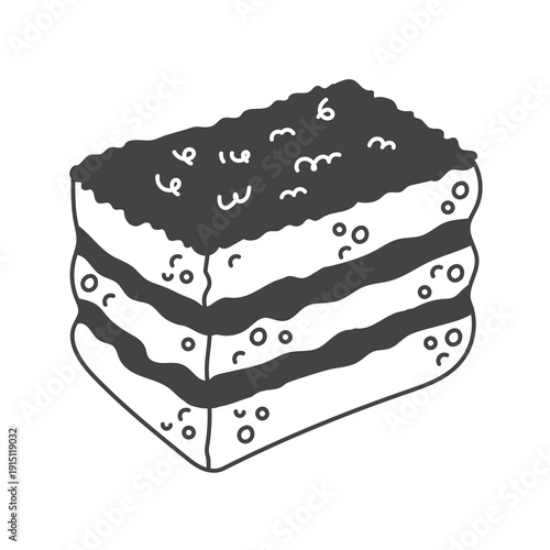 Rectangular Chocolate Cake Slice Icon. Hand drawn layered sponge sweet dessert with textured topping. Minimal black ink bakery vector  illustration for menus, branding, packaging, cafe and celebration
