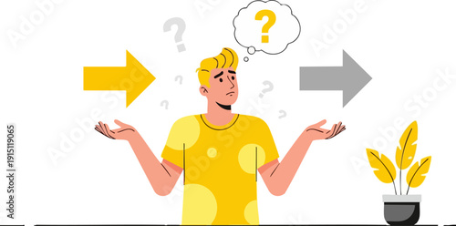 Vector illustration of a confused man shrugging, with yellow and gray arrows pointing left and right, and a yellow question mark in a thought bubble, isolated on transparent background.