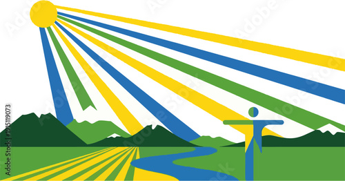 Abstract independence concept with sun rays in Brazilian colors, flat design, transparent background