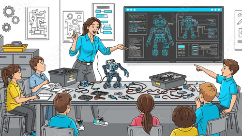 Enthusiastic Teacher Guiding Students in Robotics Project.