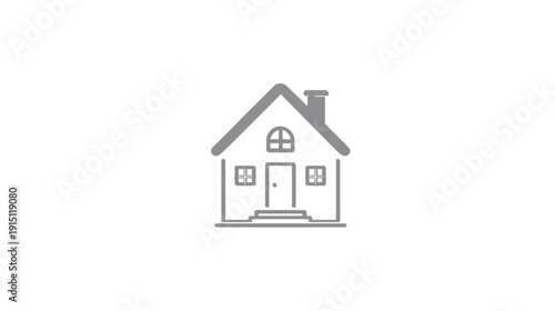 A grayscale line drawing of a simple house with windows, a door, chimney, and a white background