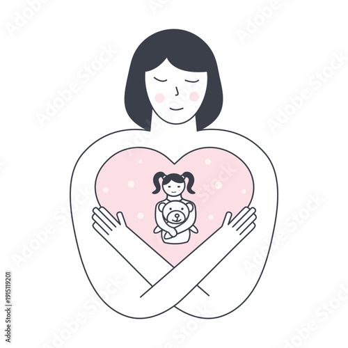 Adult woman hugging her inner child inside heart – vector illustration