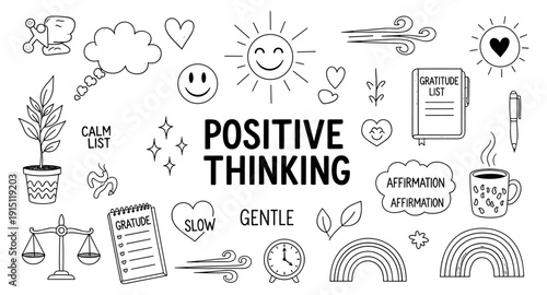 Positive thinking doodle elements for mental wellness and self-care inspiration