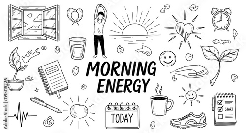 Morning energy doodle collection: sunrise, stretching, coffee, and healthy habits